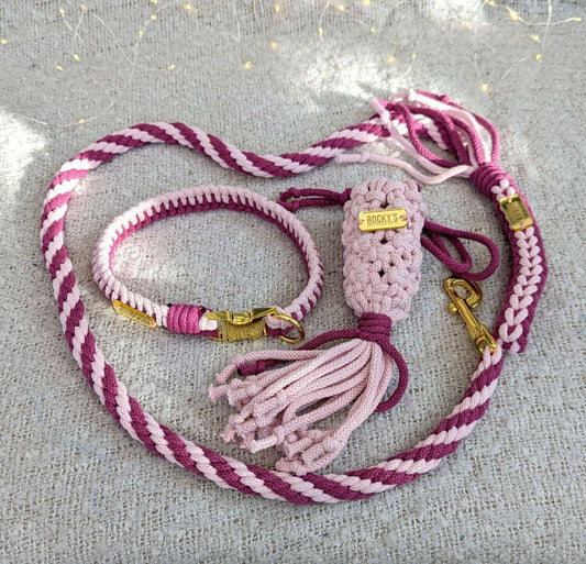 Macrame Two Tone Pink DIY Dog Collar, Lead and Poop Bag