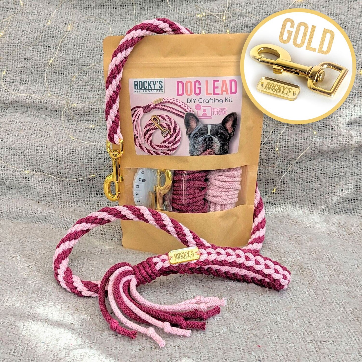 Macrame Two Tone Pink DIY Dog Lead Crafting Kit with Gold Hareware