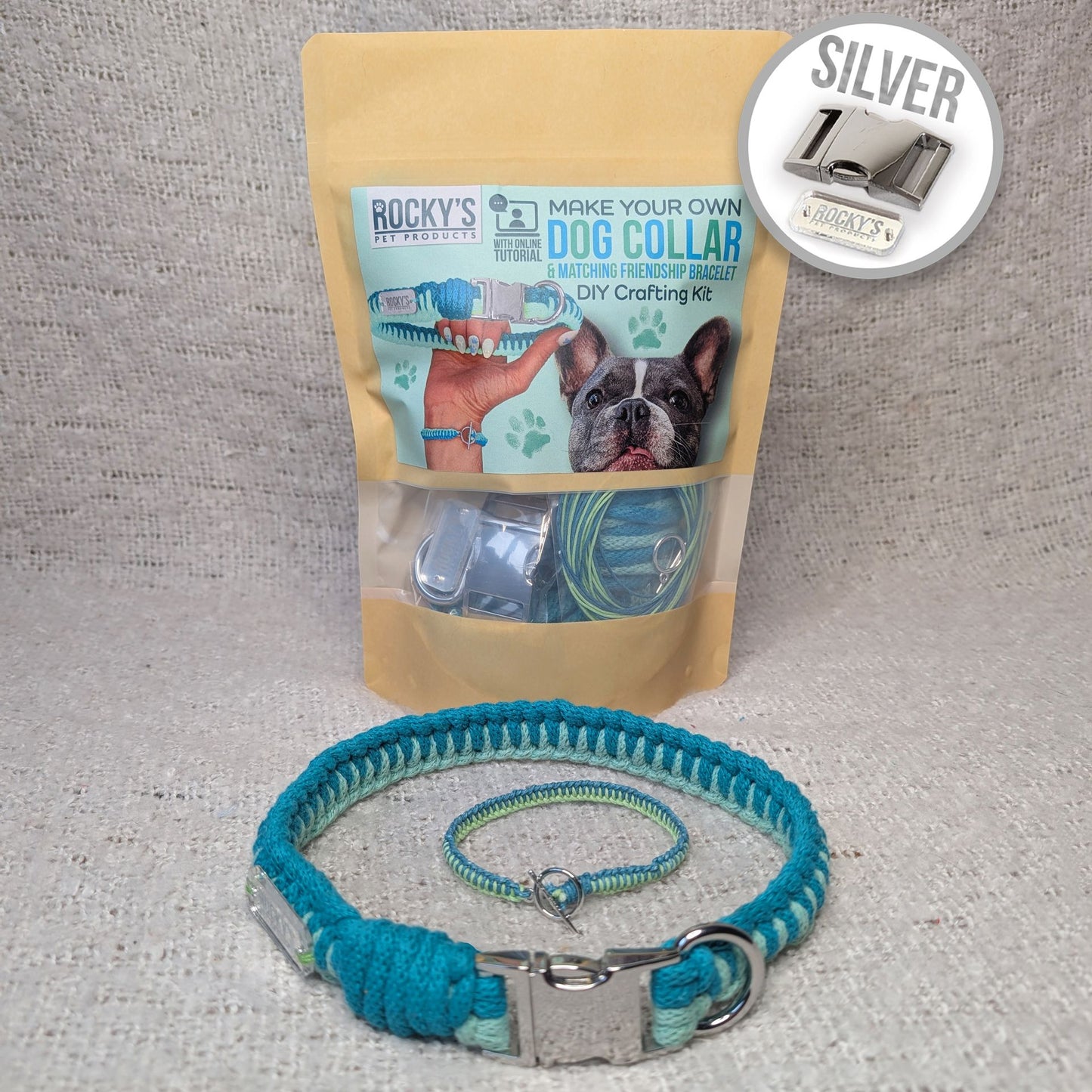 Macrame Two Tone Mint DIY Dog Collar and Friendship Bracelet Crafting Kit with Silver Hardware