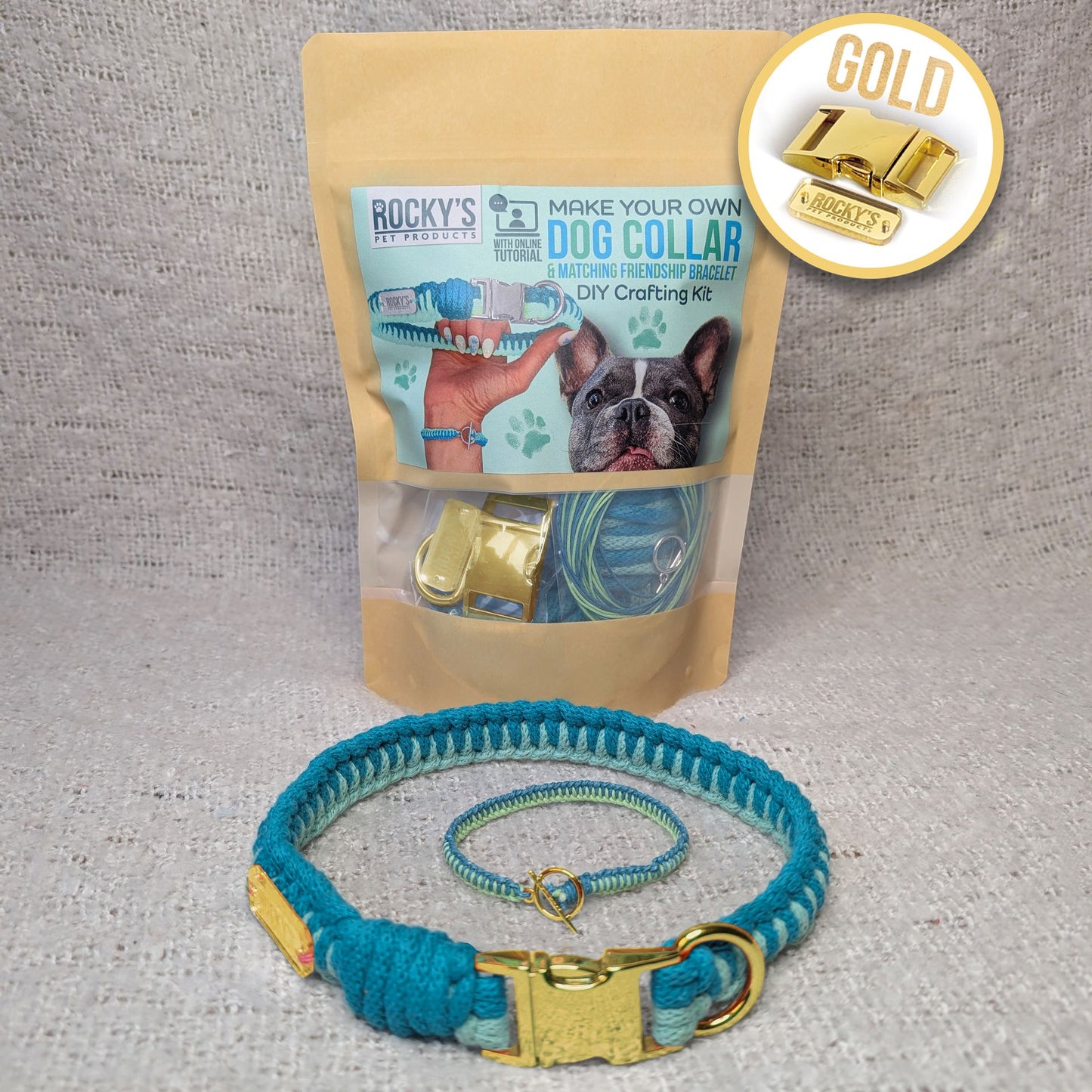 Macrame Two Tone Mint DIY Dog Collar and Friendship Bracelet Crafting Kit with Gold Hardware