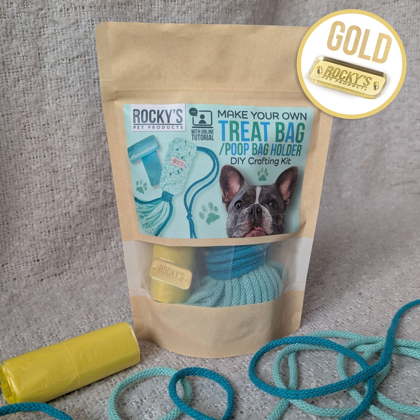 Macrame Two Tone Mint DIY Dog Poop/Treat Bag Crafting Kit with Gold Hardware