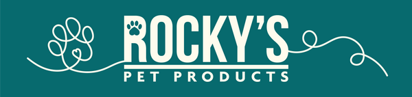 Logo of Rocky's Pet Products on a teal background