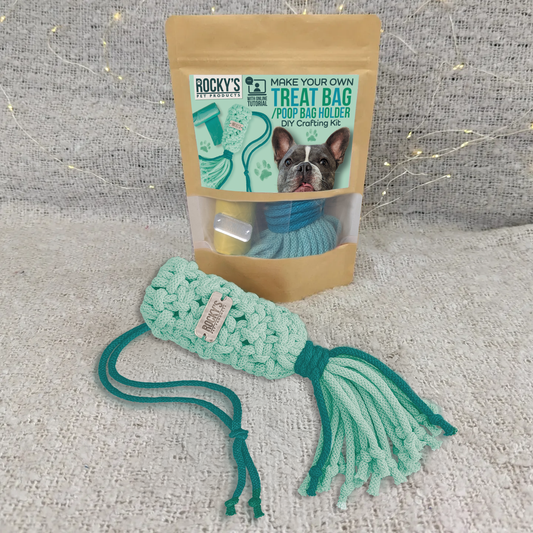 Teal dog treat bag holder with a Rocky's pet products packaging on a textured surface