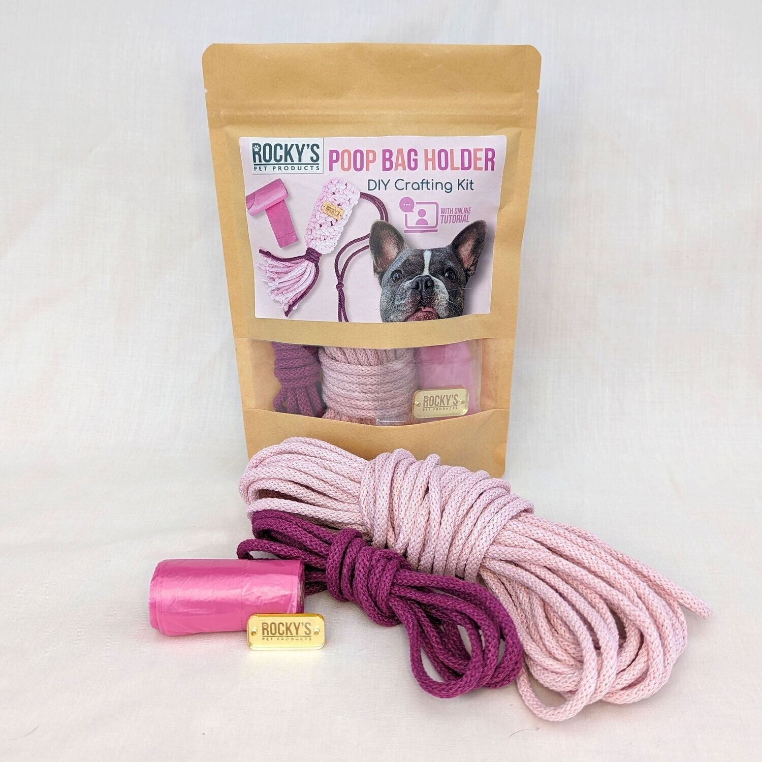 Macrame Two Tone Pink DIY Dog Poop Bag Crafting Kit with Gold Hardware