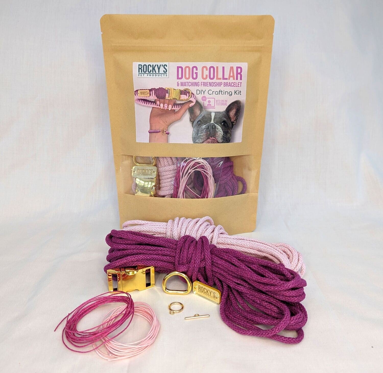 Macrame Two Tone Pink DIY Dog Collar and Friendship Bracelet Crafting Kit with Gold Hardware