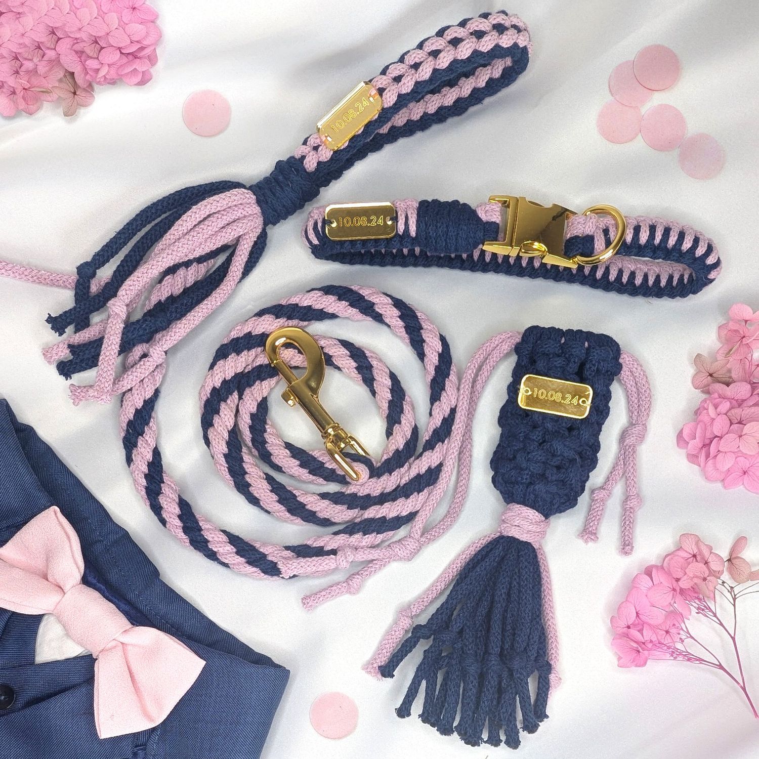 Macrame Pink and Blue Custom DIY Dog Lead, Collar and Poop Bag Wedding Set
