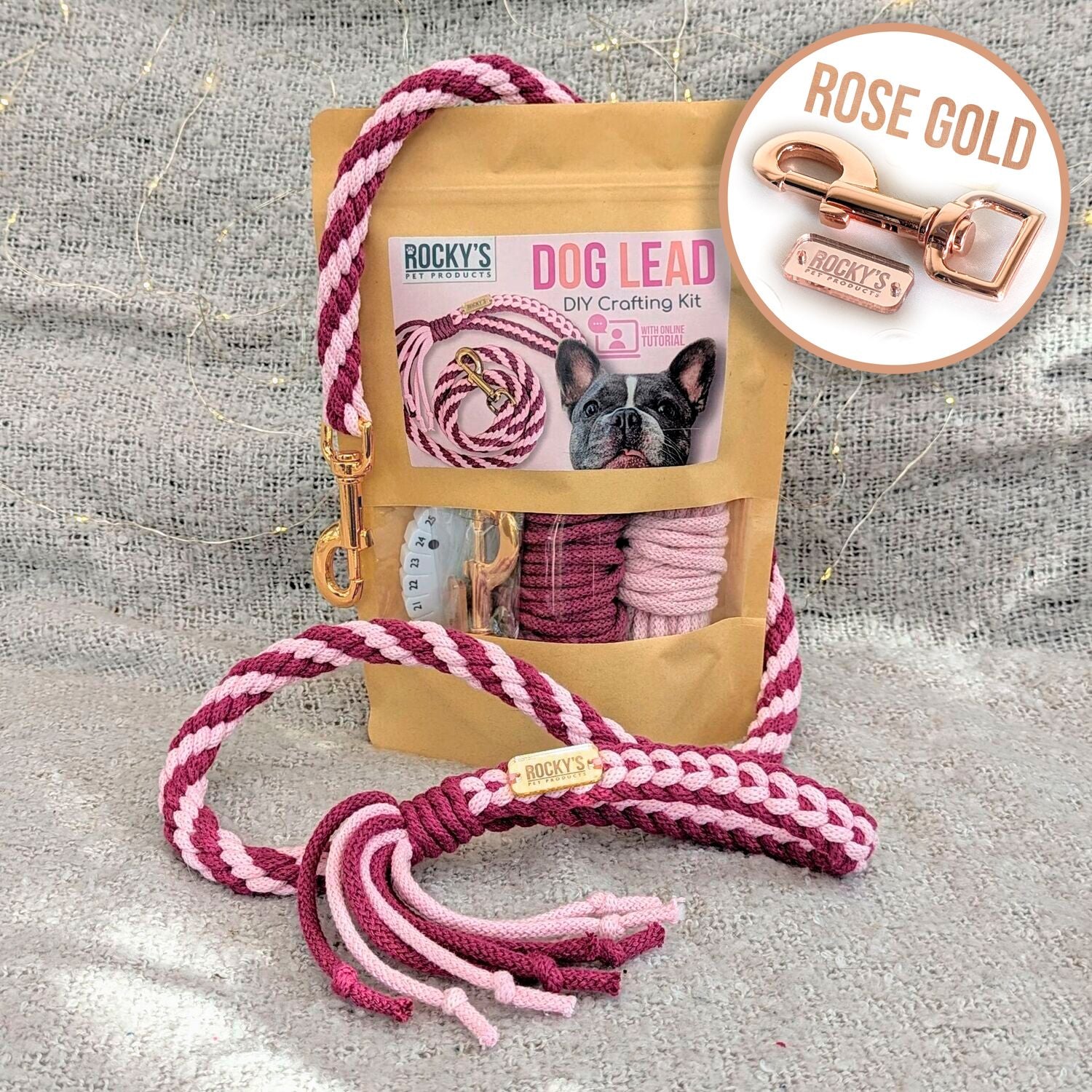Macrame Two Tone Pink DIY Dog Lead Crafting Kit with Rose Gold Hareware
