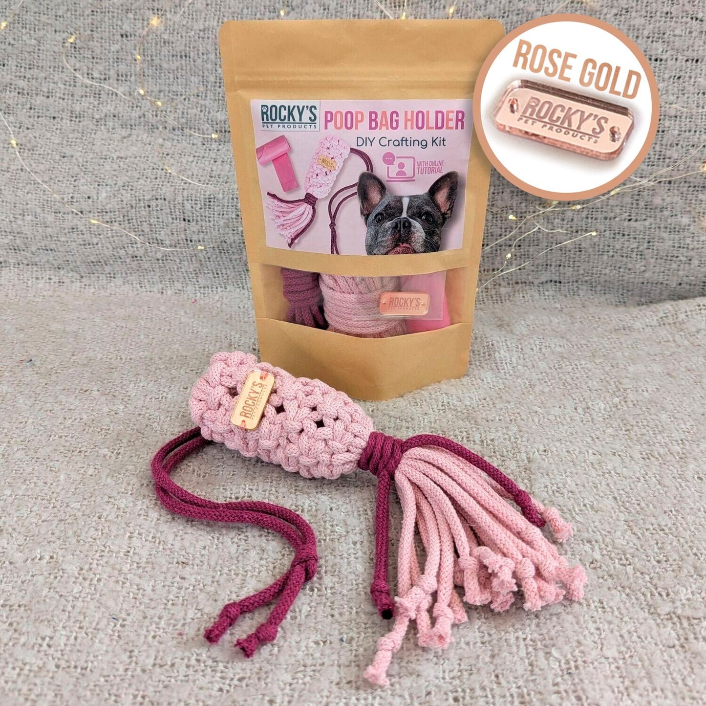 Macrame Two Tone Pink DIY Dog Poop Bag Crafting Kit with Rose Gold Hardware