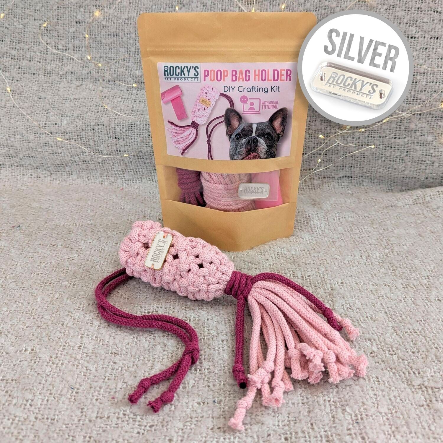 Macrame Two Tone Pink DIY Dog Poop Bag Crafting Kit with Silver Hardware
