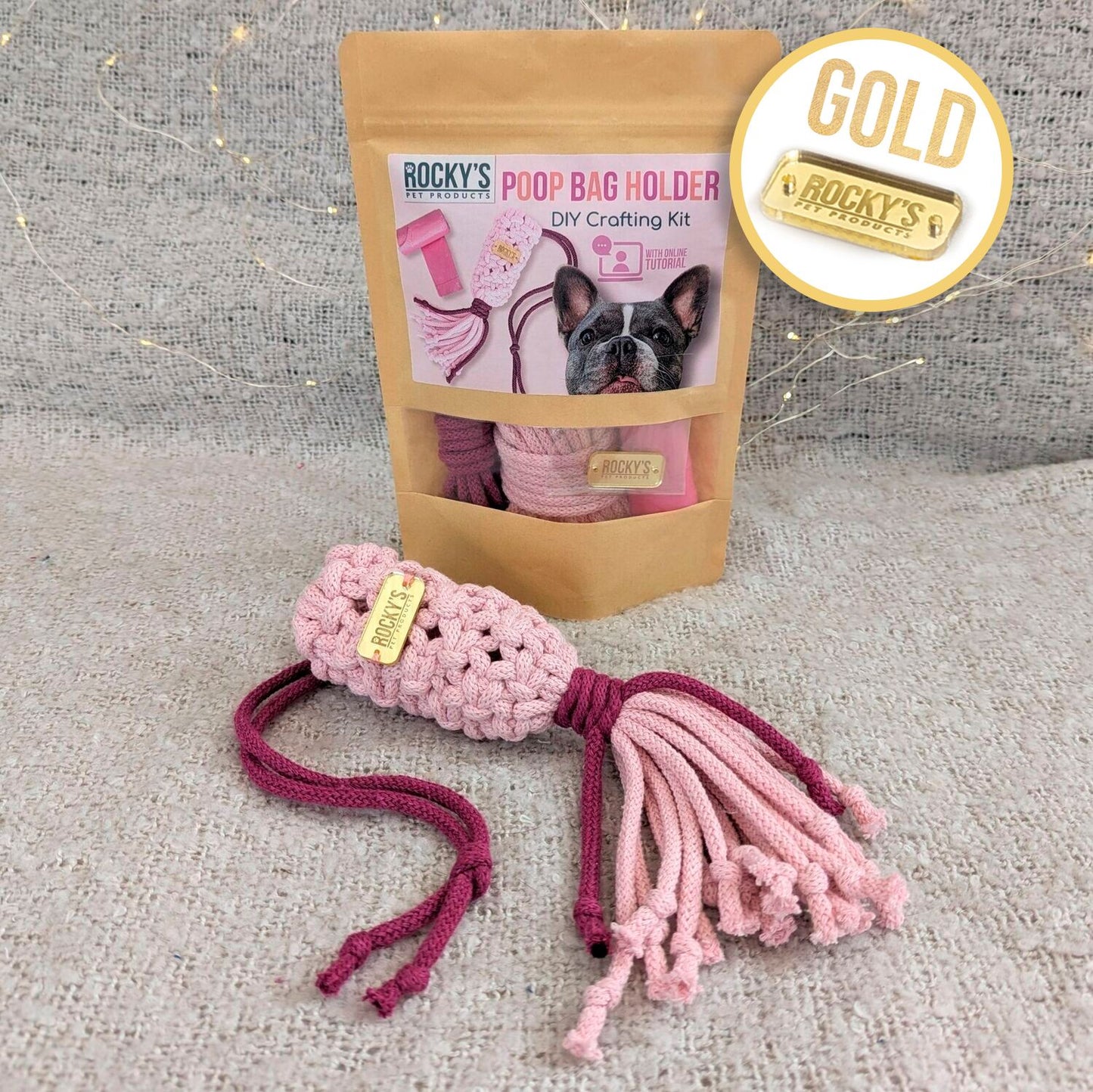 Macrame Two Tone Pink DIY Dog Poop Bag Crafting Kit with Gold Hardware