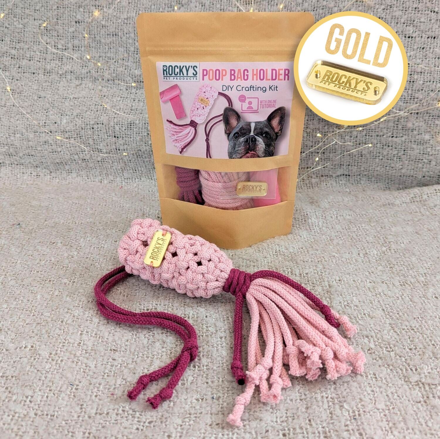 Macrame Two Tone Pink DIY Dog Poop Bag Crafting Kit with Gold Hardware