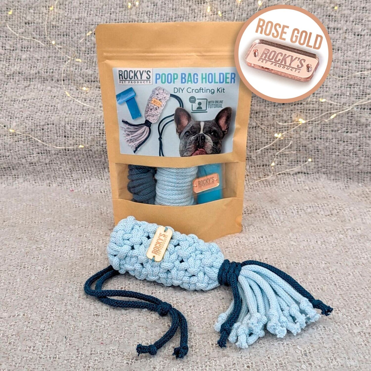 Macrame Two Tone Blue DIY Poop Bag Kit with Rose Gold Hardware