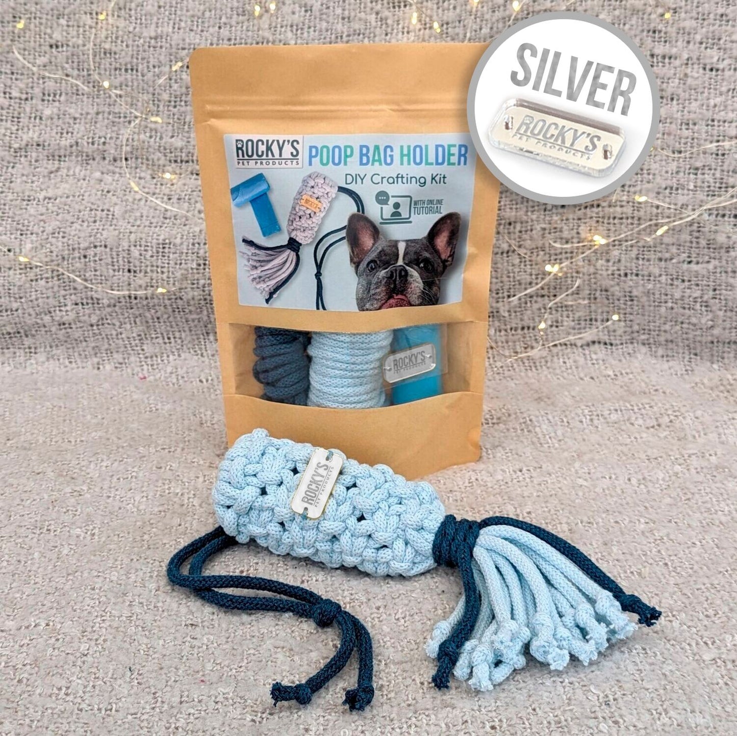 Macrame Two Tone Blue DIY Poop Bag Kit with Silver Hardware