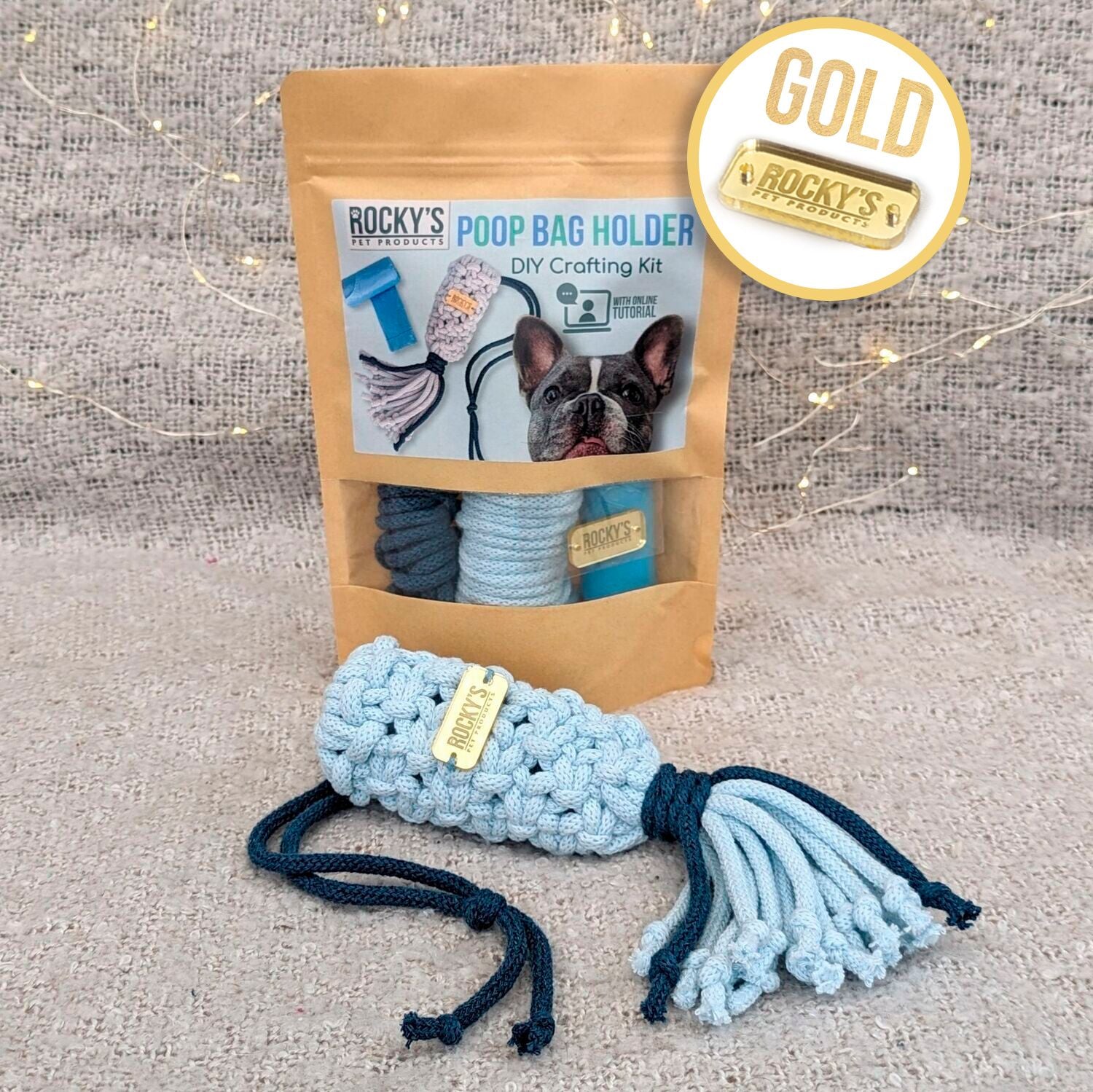 Macrame Two Tone Blue DIY Dog Poop Bag Kit with Gold Hardware