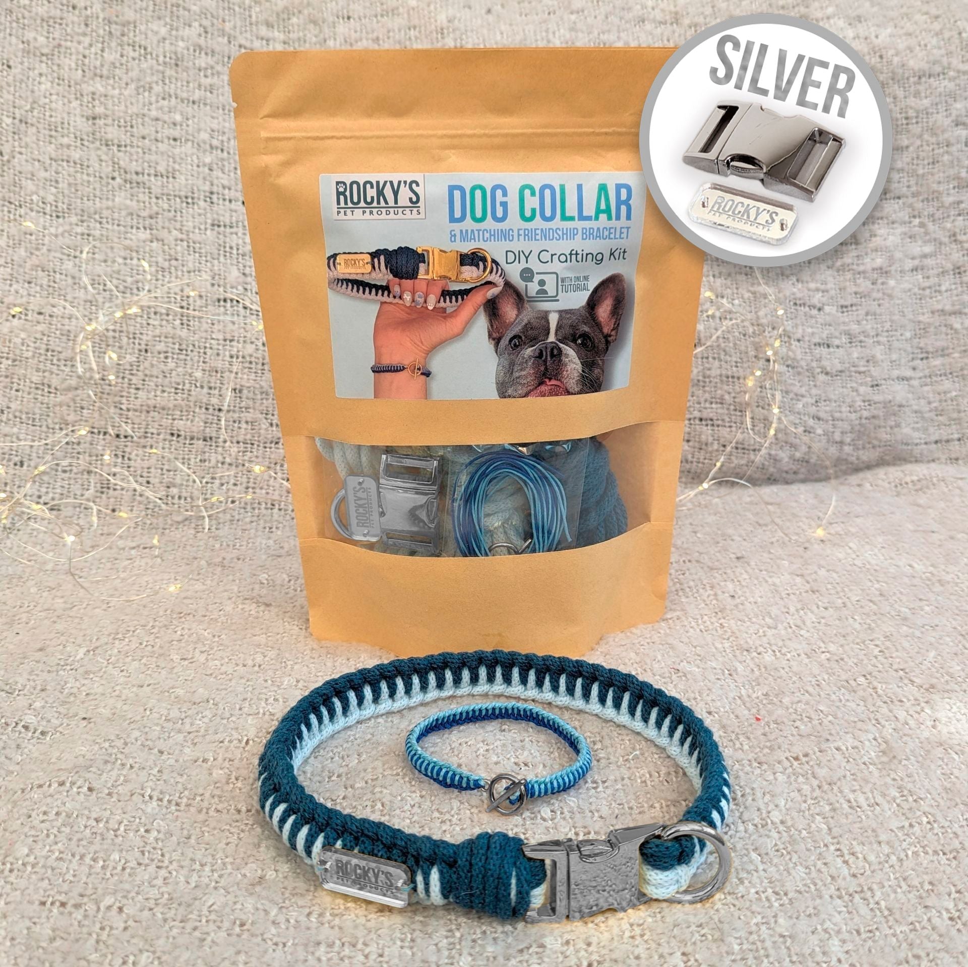 Macrame Two Tone Blue DIY Dog Collar and Friendship Bracelet Crafting Kit with Silver Hardware