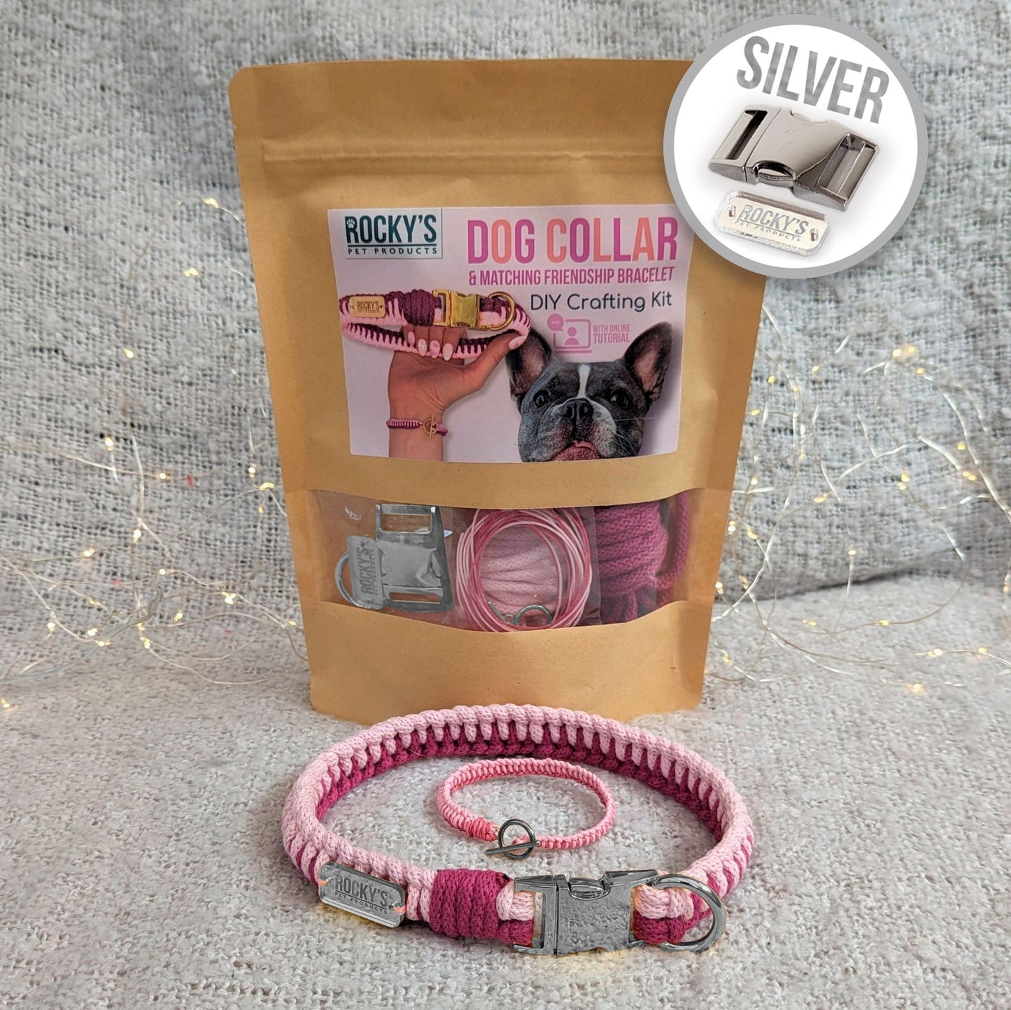 Macrame Two Tone Pink DIY Dog Collar and Friendship Bracelet Crafting Kit with Silver Hardware
