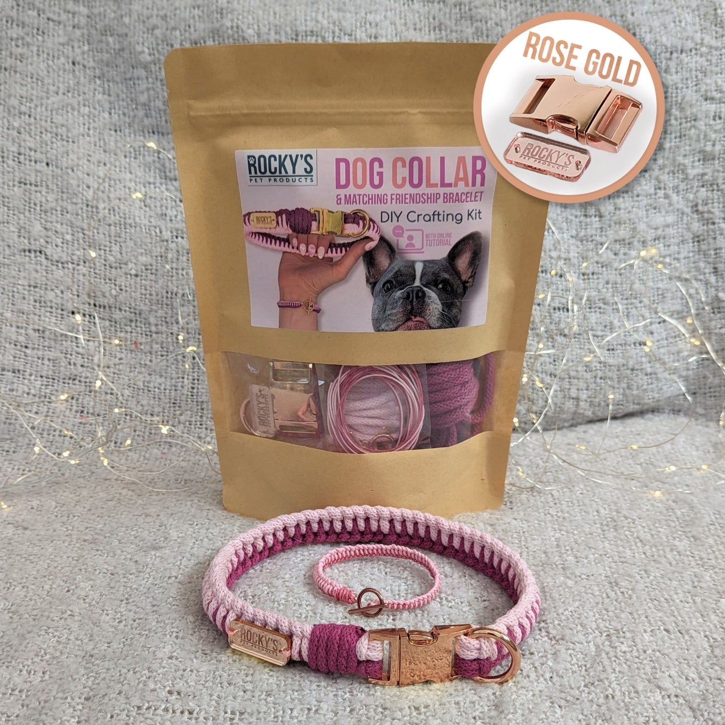 Macrame Two Tone Pink DIY Dog Collar and Friendship Bracelet Crafting Kit with Rose Gold Hardware