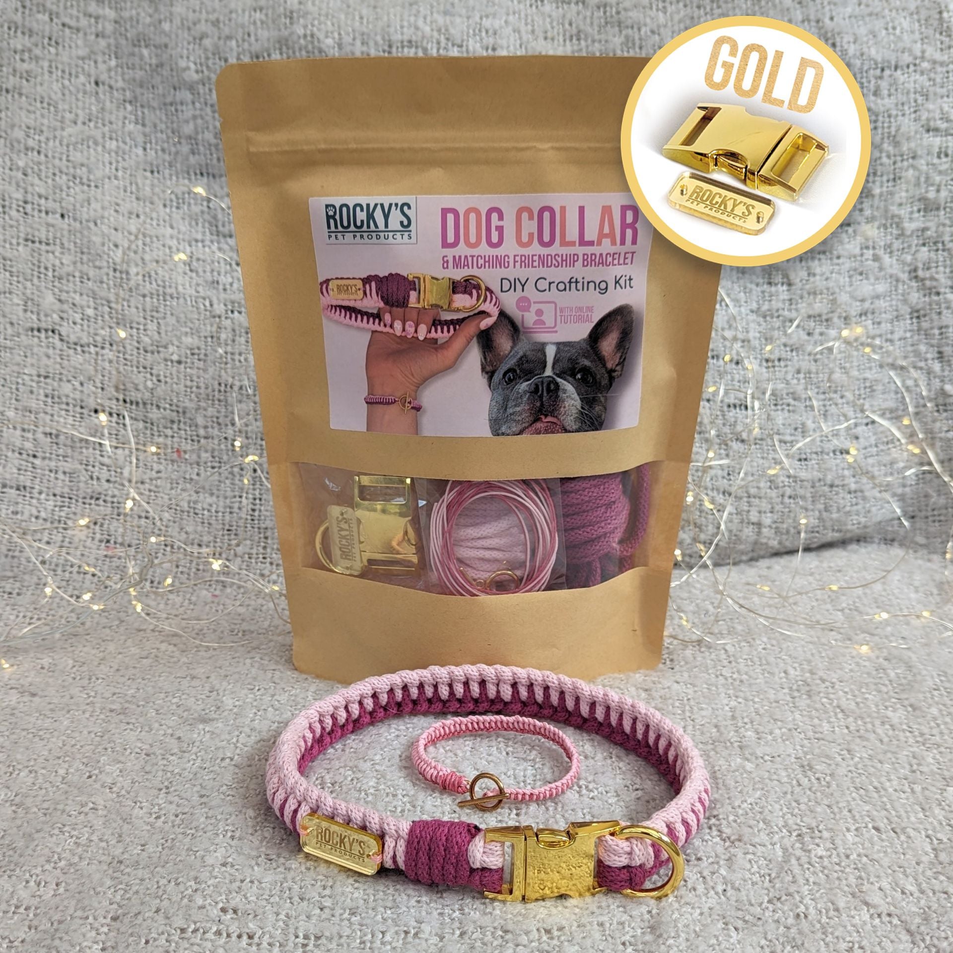 Macrame Two Tone Pink DIY Dog Collar and Friendship Bracelet Crafting Kit with Gold Hardware