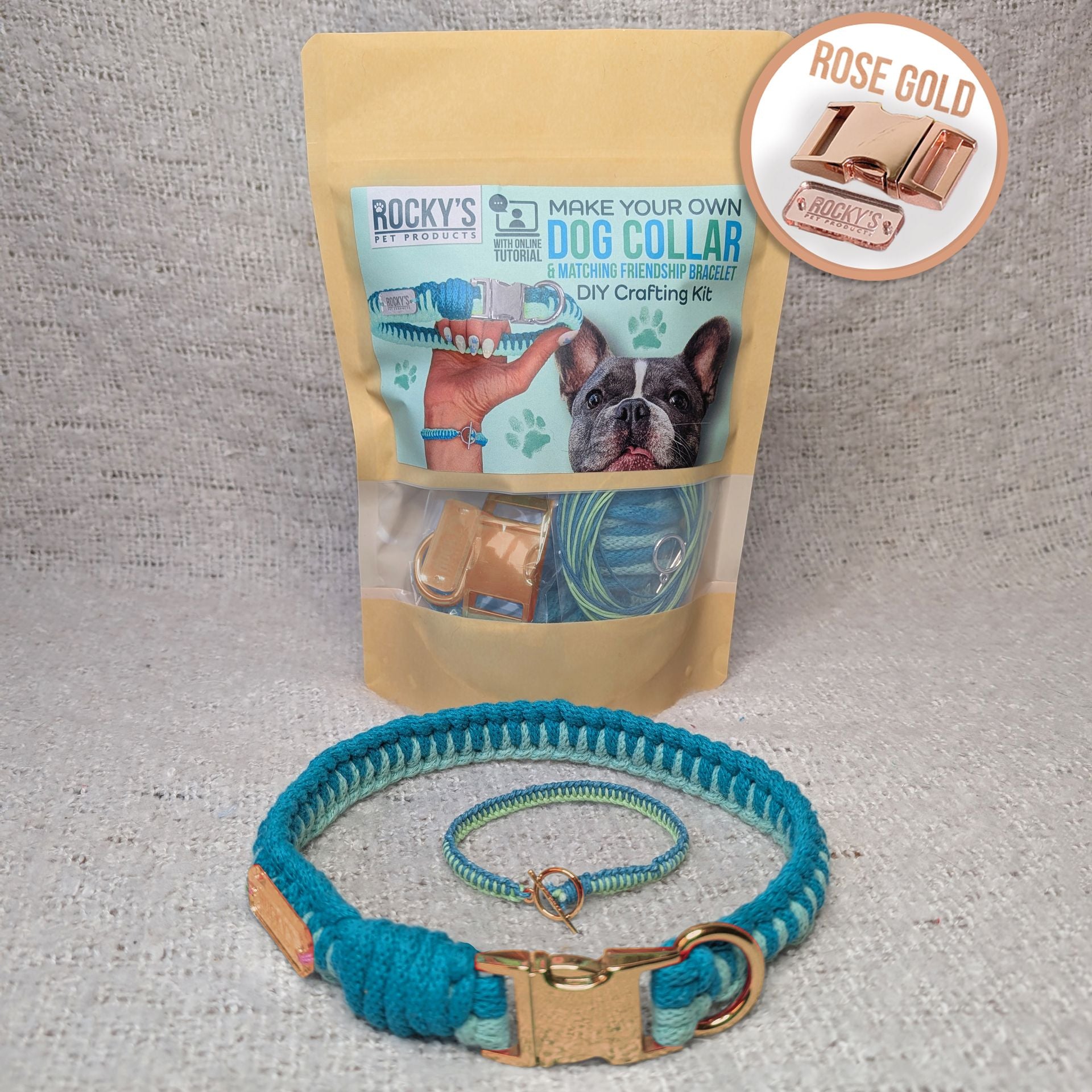 Macrame Two Tone Mint DIY Dog Collar and Friendship Bracelet Crafting Kit with Rose Gold Hardware