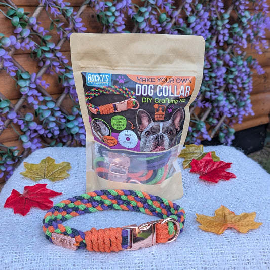 A bag of Rocky's Pet Products Dog Collar DIY Kit make your own dog collar sits on a white textured blanket outdoors, with a colorful braided dog collar placed in front. The background features a wooden fence decorated with purple flowers.
