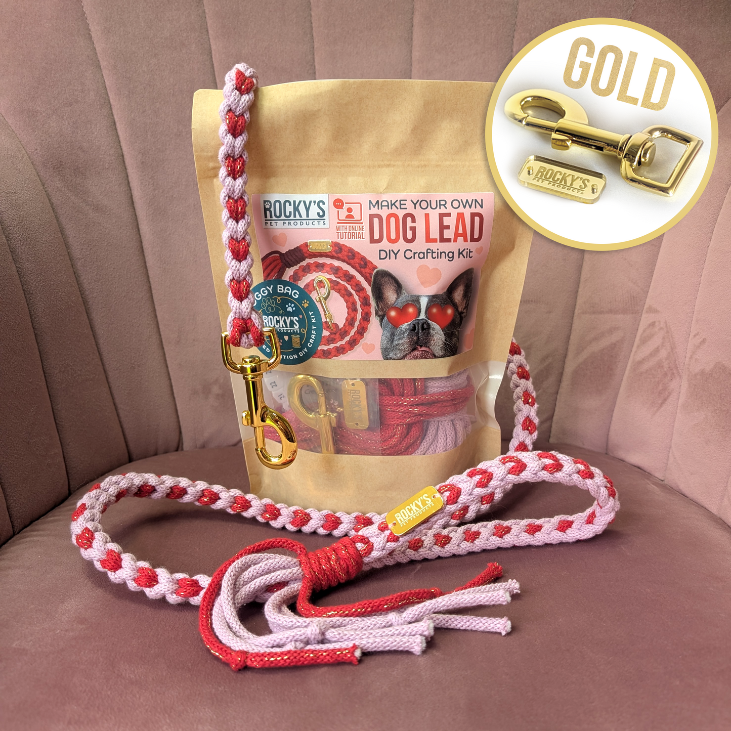 Heart Pattern Pink with Red Valentine's Day Make Your Own Dog Lead Craft Kit