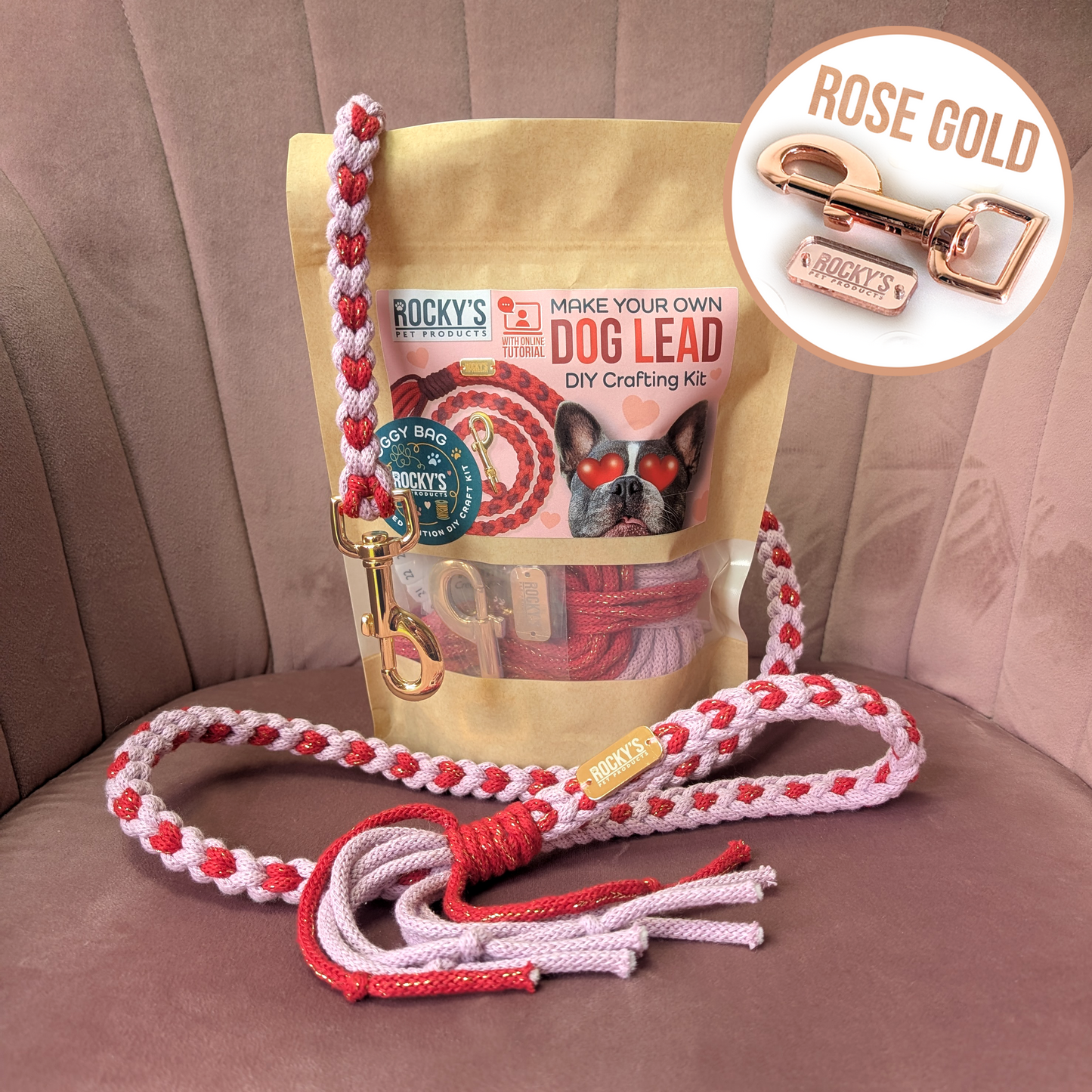 Heart Pattern Pink with Red Valentine's Day Make Your Own Dog Lead Craft Kit